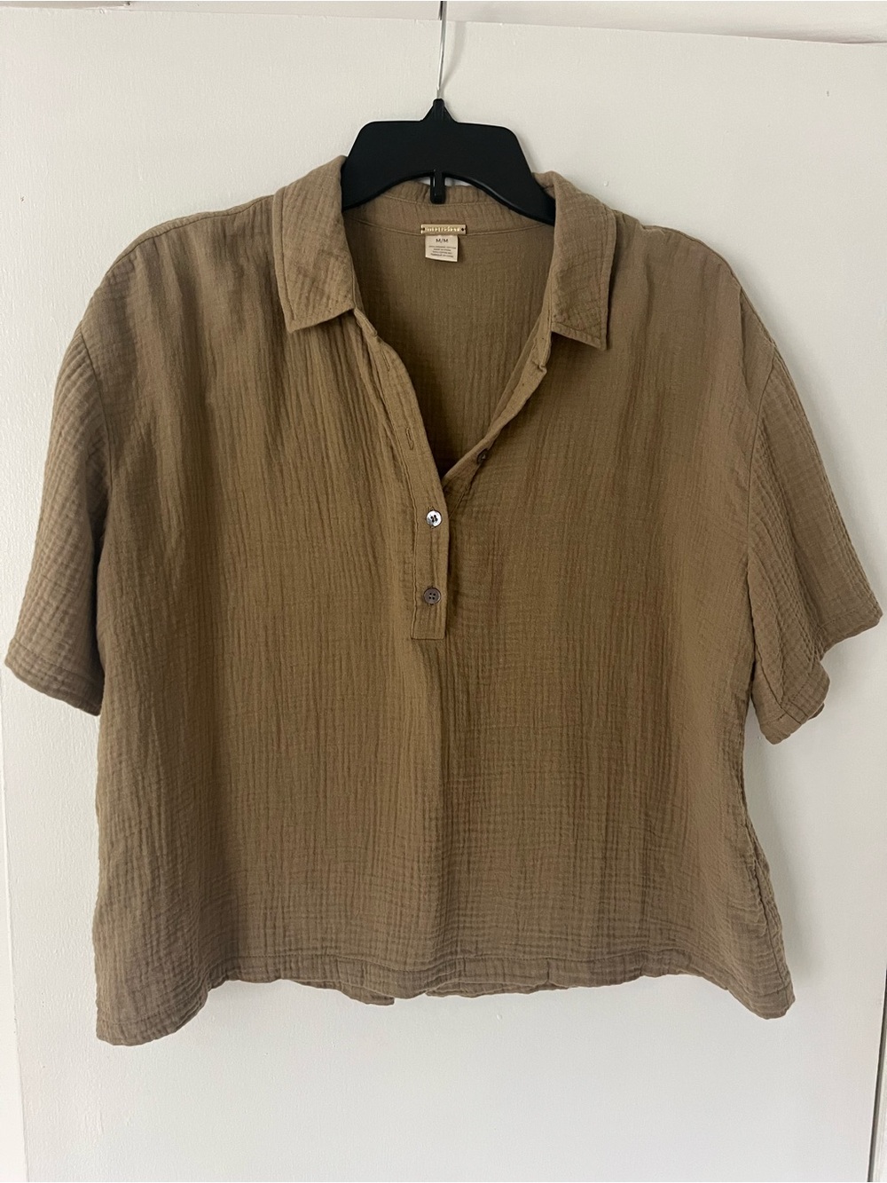 Magaschoni Cotton Gauze Short Sleeve Button-Front Top - Olive Brown Size M